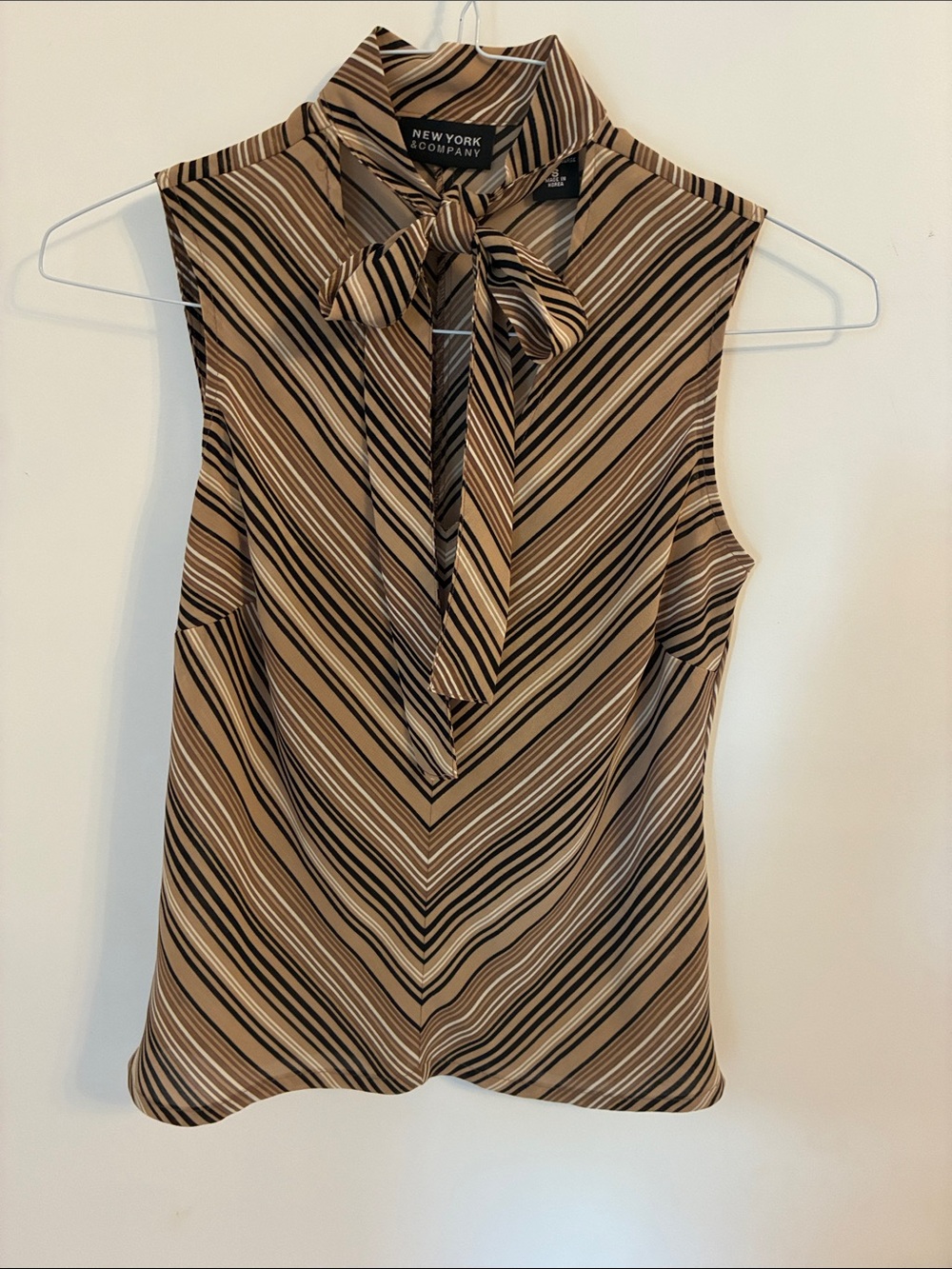 New York & Company Brown and Black Striped Tie-Neck Sleeveless Blouse